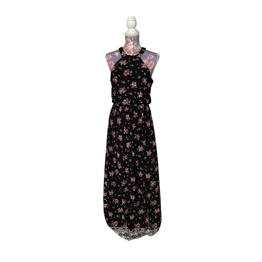 Trixxi Floral Halter Maxi Dress Black Pink Orange Keyhole Back Size Medium